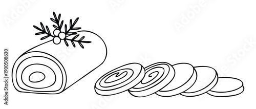 Hand drawn outline of a delicious Yule log cake, garnished with festive berries and sprigs, next to several cut slices, suitable for holiday dessert menus, cookbooks, or Christmas themed