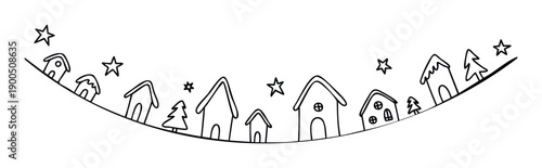 Hand drawn simple houses, pine trees, and stars arranged in a festive garland shape, perfect for holiday decoration, childrens events, or winter season greetings
