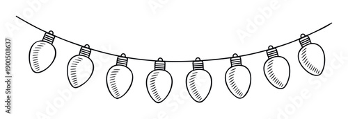 Whimsical black outline string light garland featuring multiple decorative bulbs for cheerful holiday season celebrations, festive party decorations, and seasonal graphic designs.
