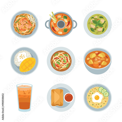 Flat Lay Delicious Thai Cuisine Food Dishes Illustration Set