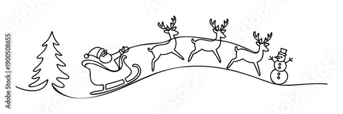 Continuous line drawing of Santa Claus in a sleigh pulled by three reindeer across a snowy landscape with a Christmas tree and a snowman, perfect for holiday greetings and winter themed