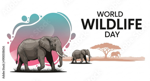 World wildlife day elephants in savannah landscape with colorful abstract background illustration