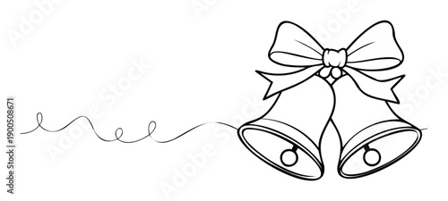 Elegant outline drawing of two festive bells tied with a decorative bow and flowing curved line, perfect for holiday greetings, wedding invitations, or celebratory event decorations.
