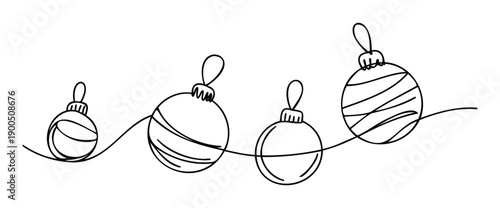 Continuous line drawing of four festive Christmas baubles illustrating a minimalist holiday decoration perfect for seasonal greeting cards and winter celebration promotions