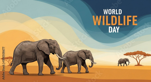 Elephants walking on savannah for world wildlife day conservation awareness with family herd