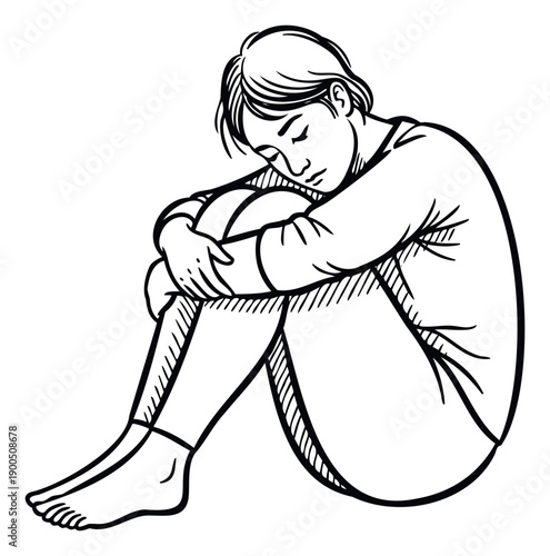 A solemn individual sits curled up with head down in a posture of sadness and introspection, perfect for designs promoting mental health awareness and emotional wellbeing