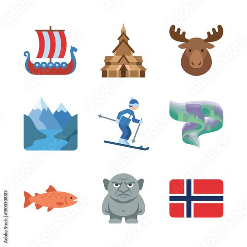 Flat Illustration Style Norway Element Set with Viking, Aurora, Troll