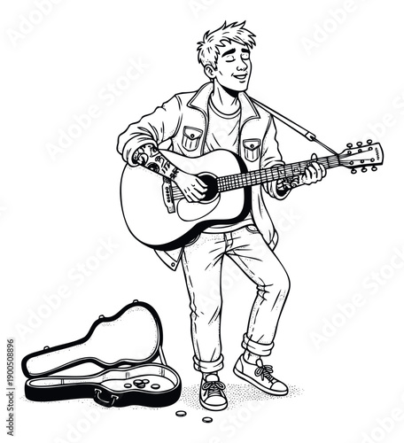 Young male musician busking with an acoustic guitar, playing passionately with a happy expression, perfect for musicrelated projects or youth culture themes
