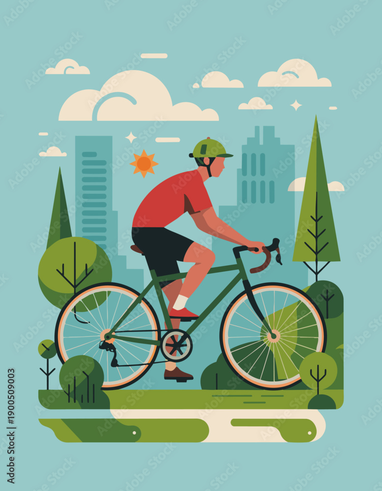 Fototapeta premium “Flat vector eco poster of bicycle commuting in a green city, trees and clouds, simple geometric forms, clean modern style”