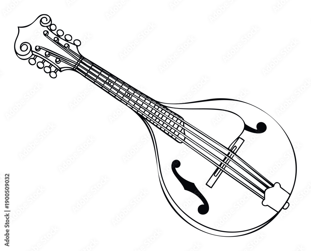 Obraz premium A clean outline drawing of a traditional mandolin, a beautiful stringed musical instrument, ideal for use in music education, folk festival promotions, and graphic design projects