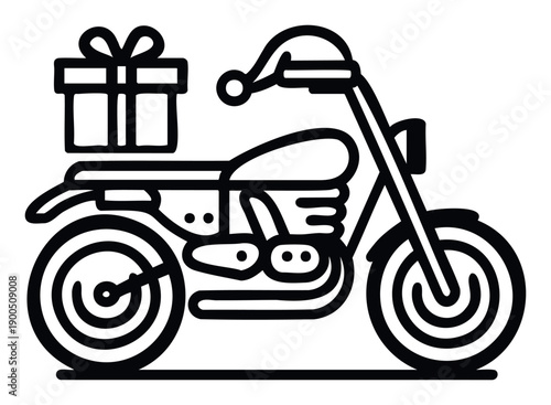 Simple outline drawing of a motorcycle decorated with a festive Santa hat and carrying a special gift box, ideal for holiday promotions, Christmas advertisements, and seasonal delivery