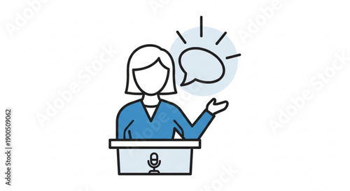 Woman giving a presentation with a speech bubble standing confidently behind a podium with a microphone conveying ideas and thoughts in a professional setting