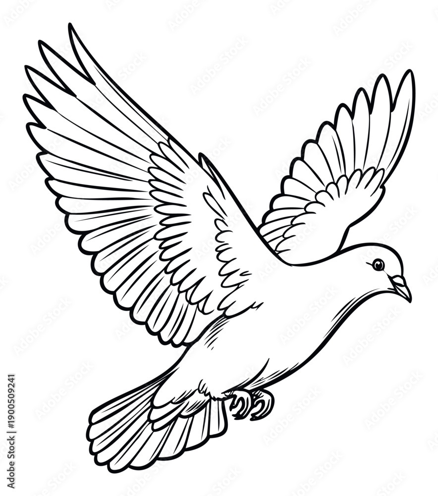 Obraz premium Graceful flying dove outlined in black, symbolizing peace and freedom, ideal for religious, spiritual, or symbolic projects and peaceful event announcements.