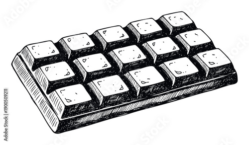Handdrawn sketch of a tempting chocolate bar divided into many delicious squares, suitable for confectionery branding, sweet snack advertisements, or dessert recipe layouts.