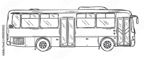 Black and white line drawing depicting a modern public transport bus from a side perspective, ideal for educational materials, urban planning visuals, or transportationrelated projects.
