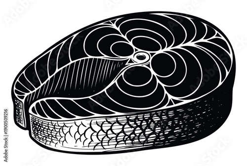 Graphic monochrome drawing of a salmon steak or fish fillet with scales and bone structure for seafood restaurant menus and healthy food advertising