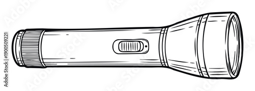 Simple black and white line drawing of a classic handheld flashlight, an essential portable light source perfect for educational diagrams, survival guides, or outdoor activity illustrations.