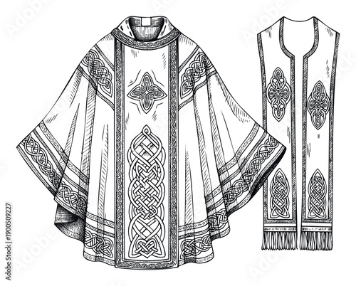 Ornate priestly liturgical vestments, including a chasuble and stole, featuring intricate Celtic knotwork designs, ideal for spiritual publications, historical religious studies, or