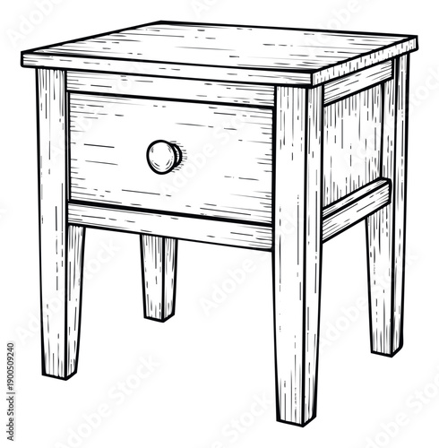 This line drawing of a wooden bedside table with a single drawer is ideal for home decor publications, furniture design projects, or rustic interior style guides.