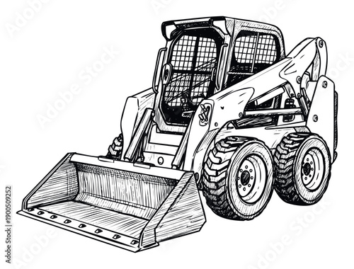 Skid steer loader heavy equipment machinery with a front bucket for earthmoving and digging operations used in construction sites, landscaping, and industrial projects