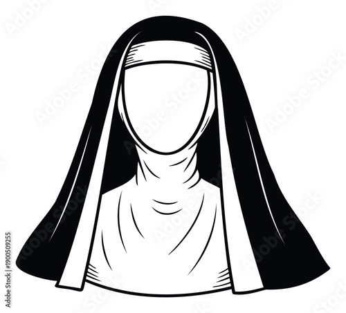 A stylized black and white graphic depicting a nun wearing a habit and veil, perfect for use as a religious icon, symbol, or spiritual emblem in various media projects