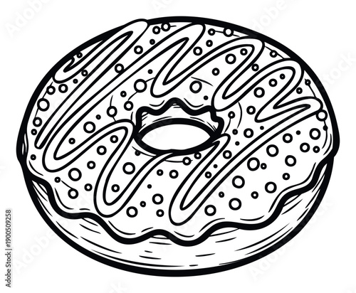 Simple graphic outline of a delicious round donut topped with sweet icing and sprinkles perfect for confectionery packaging or dessert menu designs