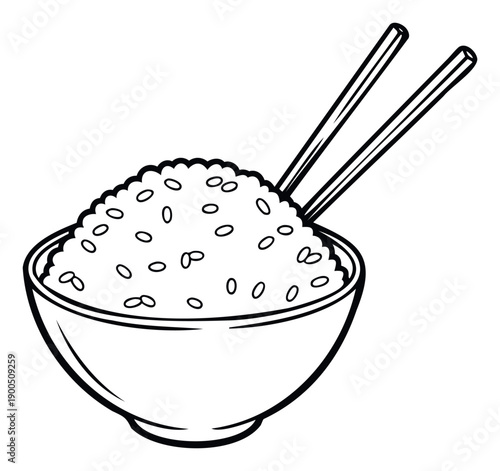 A simple outline drawing of a bowl filled with fluffy white rice and a pair of traditional chopsticks, ideal for restaurant menus, food packaging, or culinary blog graphics for Asian