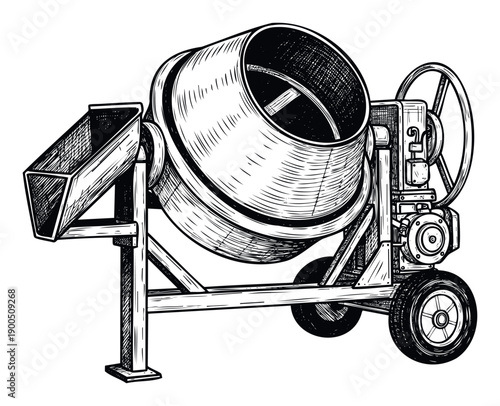 A classic heavy duty concrete mixer an essential piece of construction equipment for building projects engineering graphics and industrial labor themes.