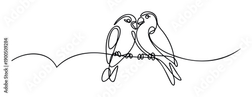 Two lovebirds depicted in a minimalist continuous line drawing symbolizing affection and companionship, perfect for romantic themed invitations, greeting cards, or decor applications.