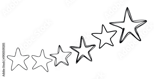A series of seven handdrawn outline stars increasing in size diagonally represents quality, achievement, and positive feedback for consumer product reviews, educational materials, or