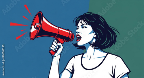 Woman shouting into red megaphone against blue and green background cartoon style loud announcement protest or advertising concept