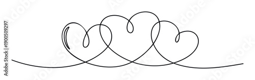 Three connected hearts drawn with a single continuous line representing everlasting love, strong bond, and unity, suitable for romantic event invitations or relationship anniversary