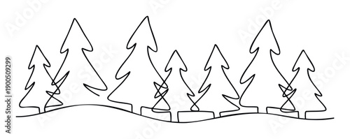 Minimalist continuous line drawing of a winter forest with stylized evergreen pine trees, suitable for seasonal graphic projects, holiday decorations, and contemporary natureinspired