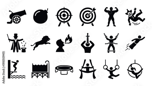 Dynamic collection of black silhouette icons depicting thrilling circus performances, fairground entertainment, and athletic acts, perfect for event promotion, game interfaces, or
