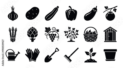 Collection of diverse black silhouette icons representing essential gardening tools and fresh organic produce for agriculture projects and healthy food concepts