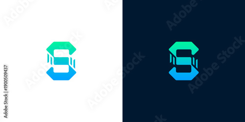 Abstract geometric letter S logo design in green and blue gradient colors on white and dark backgrounds