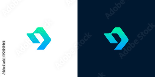 Modern geometric abstract logo design with gradient blue and green colors on white and dark backgrounds