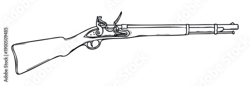 Vintage musketeer rifle line drawing depicting an antique firearm with a detailed firing mechanism for historical reenactment graphics or museum exhibit displays