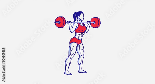 Woman lifting weights in red workout gear fitness illustration female athlete with barbell exercise and strength training concept