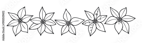 Festive poinsettia flower outline drawings arranged horizontally as a decorative border for holiday season projects and Christmas themed greeting cards.