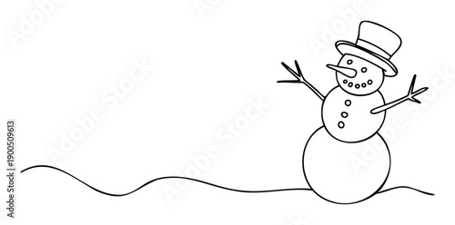 Simple outline drawing of a happy snowman with a top hat standing on a snowy ground, ideal for winter holiday greetings, seasonal promotions, or childrens coloring pages.