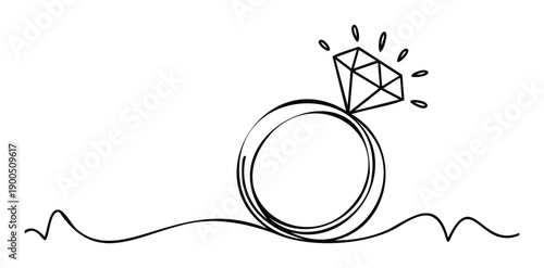 Minimalist continuous line drawing of a sparkling diamond engagement ring perfect for wedding event invitations, jewelry store promotions, and romantic announcement graphics