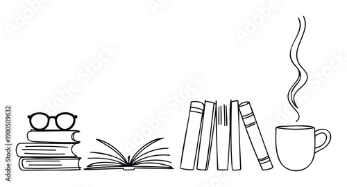 A simple black outline drawing depicting various books and a steaming cup, perfect for educational materials, literary themed promotions, or cozy reading environment visuals
