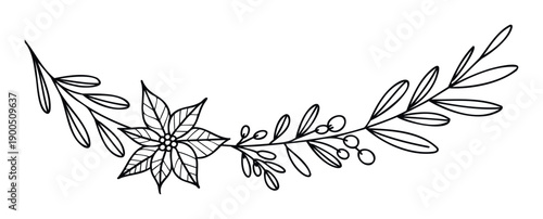 Elegant botanical poinsettia and berry branch line art drawing for holiday season greeting cards, wedding invitations, and natural rustic decor projects.