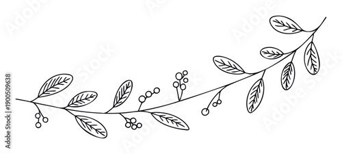 Simple decorative handdrawn botanical branch with stylized leaves and berries providing an organic accent for various seasonal event stationery and product packaging