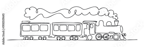 Simple continuous line drawing of a classic steam train with passenger carriages emitting smoke, ideal for childrens educational materials, railway themed designs, or engaging