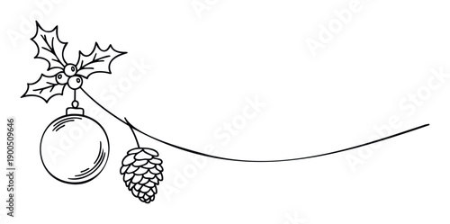 Festive winter holiday decoration featuring holly leaves, berries, a Christmas ornament, and a pine cone, perfect for seasonal marketing materials and event invitations