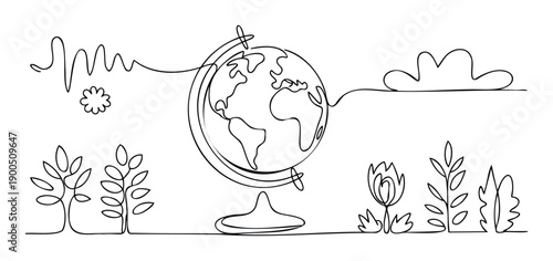 Abstract one line globe surrounded by growing plants, wavy lines, and cloud shapes, symbolizing global ecology, environmental unity, and educational resource development