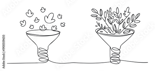 Clean monoline drawing of two interconnected funnels illustrating the journey from abstract initial ideas to refined growth and developed concepts, useful for business models and