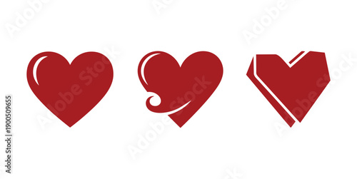 Red heart silhouette icons with glossy, swirl, and geometric styles, romantic love design art